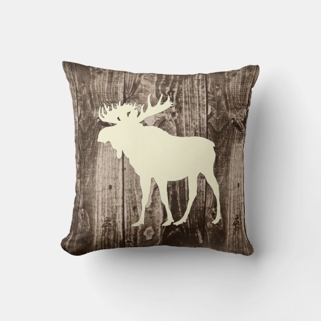Moose (Cream) Wildlife op Rustic Wood Cabin Kussen (Voorkant)