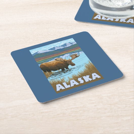 Moose Drink Poster voor watervlekreizen Vierkante Kartonnen Onderzetter (Schuin)