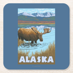 Moose Drink Poster voor watervlekreizen Vierkante Kartonnen Onderzetter