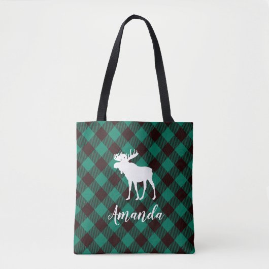 Moose en Buffalo Groen Plaid Patroon Kerstmis Draagtas (Voorkant)