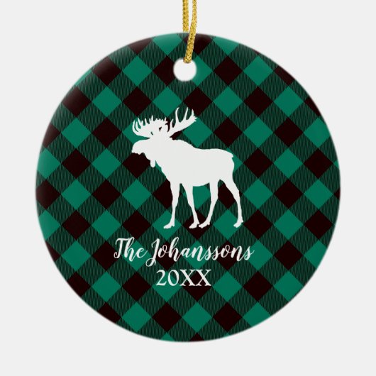 Moose en Buffalo Groen Plaid Patroon Kerstmis Keramisch Ornament (Voorkant)