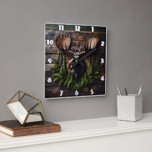 Moose Head Wall Mount met dennenblad Vierkante Klok