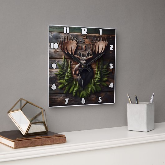 Moose Head Wall Mount met dennenblad Vierkante Klok (Kantoor)