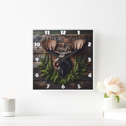 Moose Head Wall Mount met dennenblad Vierkante Klok (Huis)