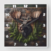 Moose Head Wall Mount met dennenblad Vierkante Klok (Voorkant)