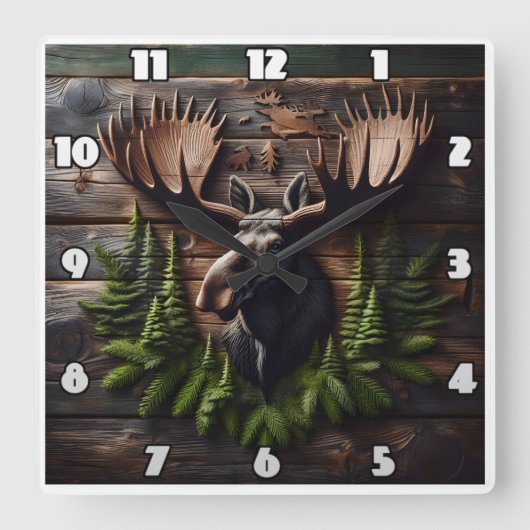 Moose Head Wall Mount met dennenblad Vierkante Klok (Voorkant)