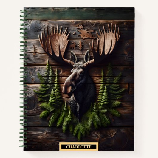 Moose hoofd gemonteerd op rustieke houten wand in  notitieboek (Voorkant)