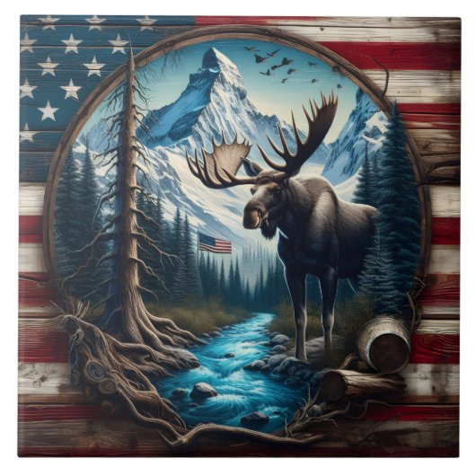 Moose in berglandschap met Amerikaanse vlag Tegeltje (Voorkant)