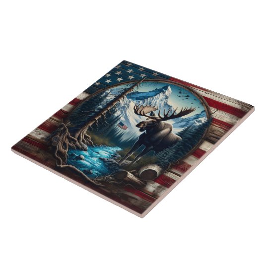 Moose in berglandschap met Amerikaanse vlag Tegeltje (Zijkant)