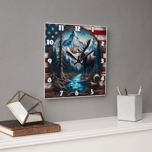 Moose in berglandschap met Amerikaanse vlag Vierkante Klok (Kantoor)