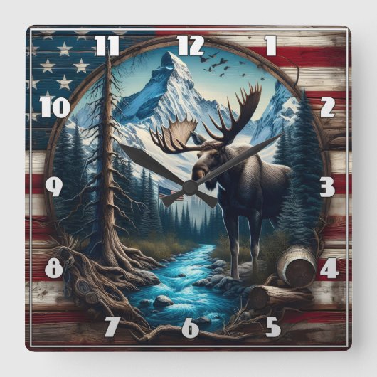 Moose in berglandschap met Amerikaanse vlag Vierkante Klok (Voorkant)