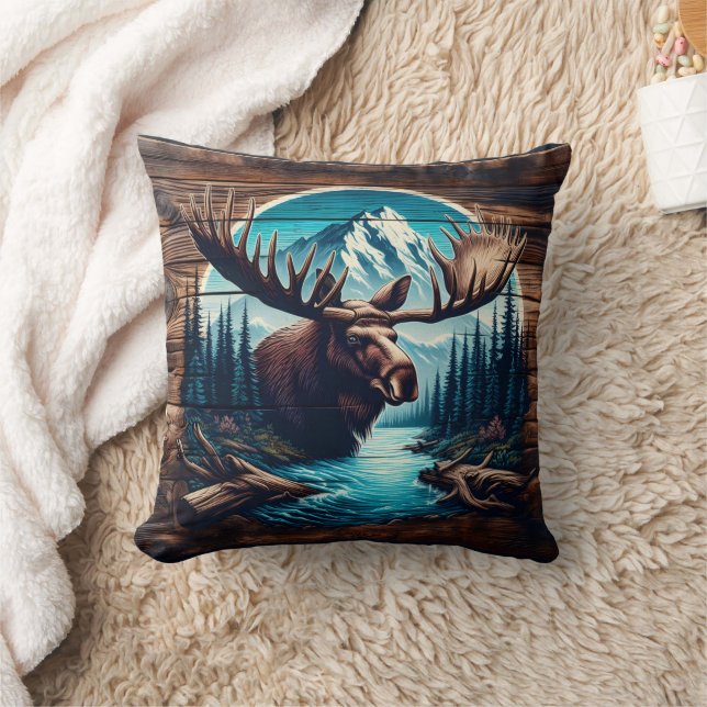 Moose in berglandschap met rivier en bomen kussen (Deken)