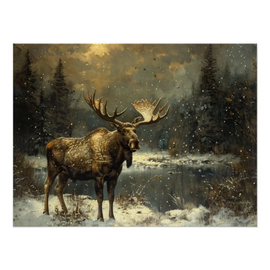 Moose in een Winter Landschap Schilderij Perfect Poster (Voorkant)