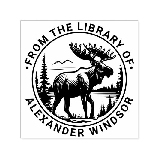 Moose in Forest Landscape Library Boeknaam #2 Zelfinktende Stempel (Design)