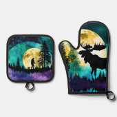 Moose in het bos Volle maan Ovenwant & Pannenlap Set (Voorkant)