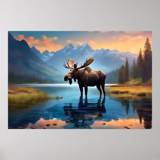 Moose in het meer poster (Voorkant)