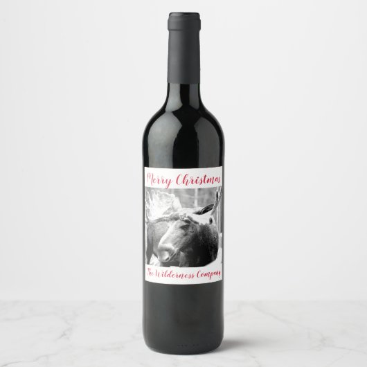 Moose in sneeuw Vrolijk Kerstmis Winter Scene Wijn Etiket (Voorkant)