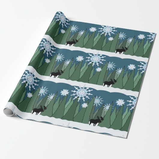 Moose in Snowflake Forest Wrapping Paper Cadeaupapier (Uitgerold)