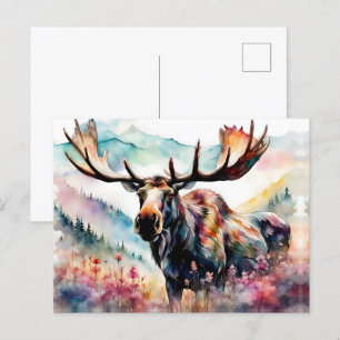 Moose in Wildflower waterverf Feestdagenkaart