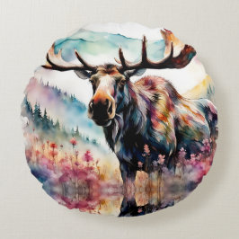 Moose in Wildflower waterverf Rond Kussen