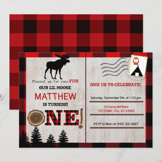 Moose Lumberjack Birthday Invitation Briefkaart (Voorkant / Achterkant)