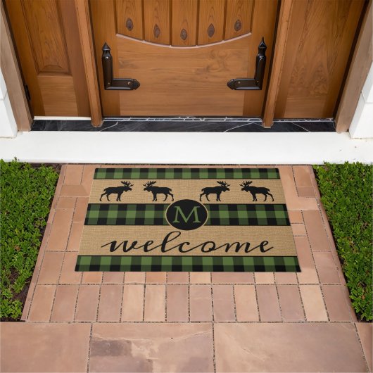 Moose on Green Black Buffalo Check Pset Pattern Deurmat (Buiten)