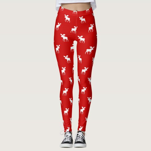 Moose Silhouettes Patroon Rood en Wit Schattige Leggings (Voorkant)