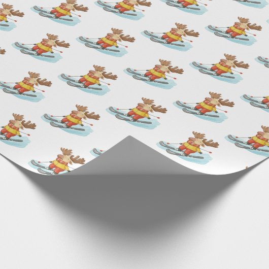 Moose Skiën op witte achtergrond Cadeaupapier (Hoek)