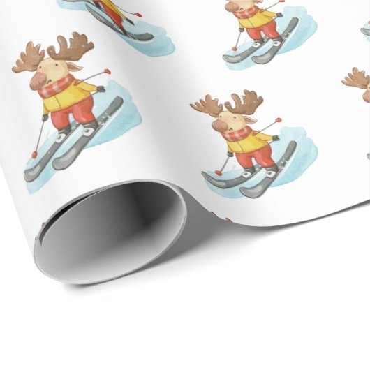 Moose Skiën op witte achtergrond Cadeaupapier (Rol Hoek)