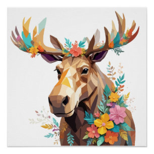 Moose Speelse Schattige Fun Animal Kleurrijk Bos Perfect Poster