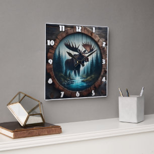 Moose Staande bij een stroom in een bos Vierkante Klok