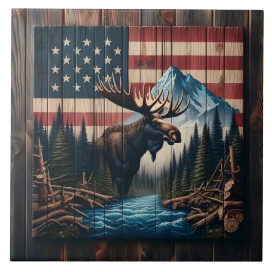 Moose tegen Amerikaanse vlag en berglandschap Tegeltje (Voorkant)