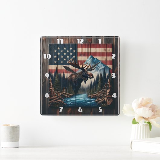 Moose tegen Amerikaanse vlag en berglandschap Vierkante Klok (Huis)