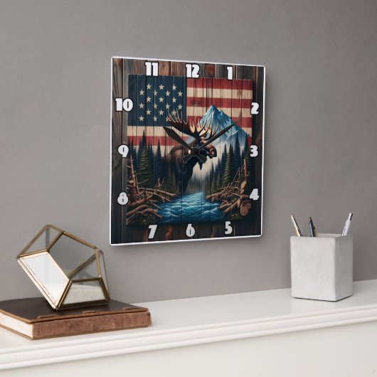 Moose tegen Amerikaanse vlag en berglandschap Vierkante Klok (Kantoor)