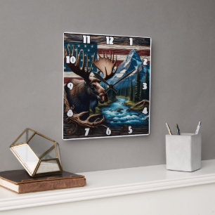 Moose voor Mountain en Amerikaanse vlag Vierkante Klok