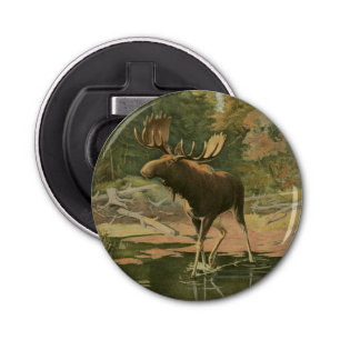 Moose Walting in Water Button Flesopener