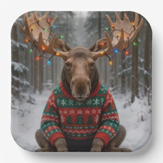 Moose Wearing Ugly Christmas Sweater Papieren Bordje (Voorkant)