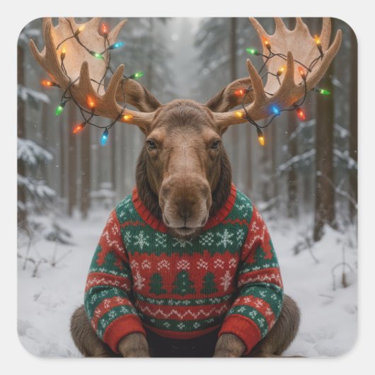 Moose Wearing Ugly Christmas Sweater Vierkante Sticker (Voorkant)