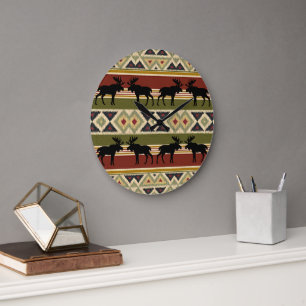Moose Wildlife Animal Red Green Ochre Ikat Stripes Grote Klok