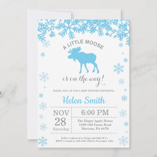Moose Winter Boy Baby shower Snowflake Invitation (Devant)