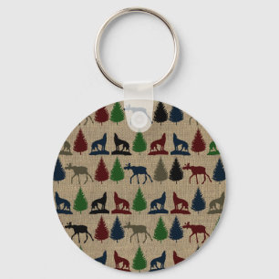 Moose Wolf Pine Tree Rustic Burlap print in openlu Sleutelhanger
