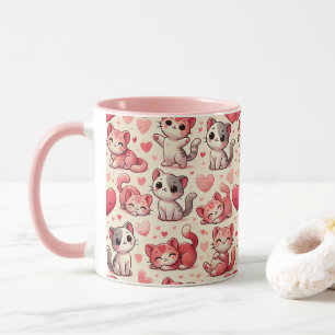 Mop met Cute Cat & Hearts-patroon – Roze & Rood Mok