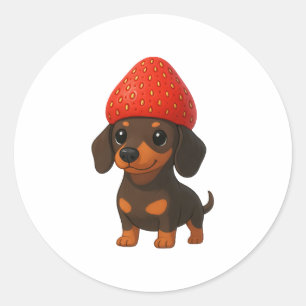 Moppige dachshund met aardbeien en hoed fruitig ronde sticker