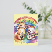 Moppige dieren die muziek maken in de regenboog feestdagenkaart (Staand voorkant)