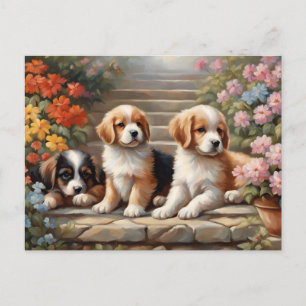 Moppige Puppies in Bloementuin Briefkaart
