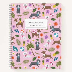 Moppige Puppies Tropisch Patroon Roze Notitieboek