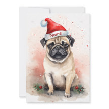 Mops Christmas Watercolor Kunst met Poinsettia