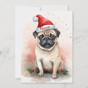 Mops Christmas Watercolor Kunst met Poinsettia Feestdagenkaart