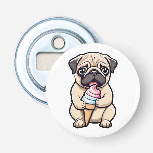 Mops dat ijs likt button flesopener (Voorkant)
