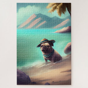 Mops genietend op het strand schilderend kunst legpuzzel